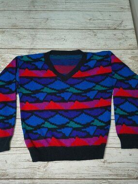 Abstract Geometric 90s Colors V Neck Sweater